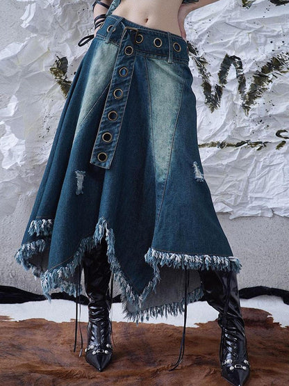 WSW WUSHENWU Vintage Fringe Raw Hem Denim Skirt Free Spirit Industrial Chic