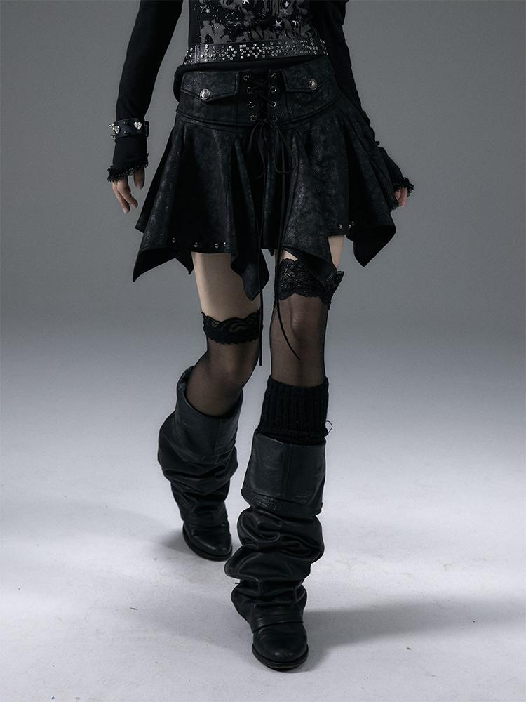 NO ROMANCE Vintage Gothic Punk Studded Asymmetric Leather Mini Skirt