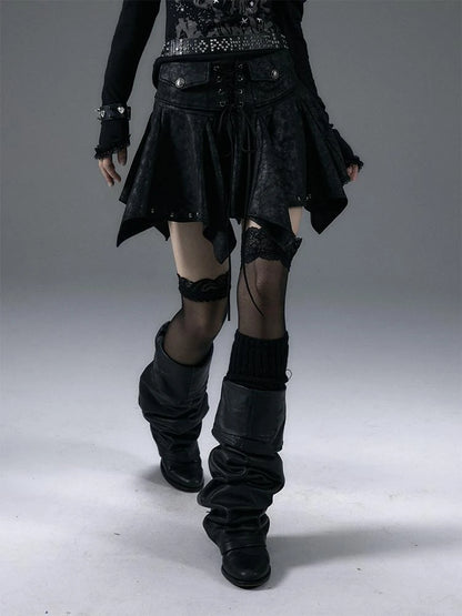 Vintage Gothic Punk Studded Asymmetric Leather Mini Skirt