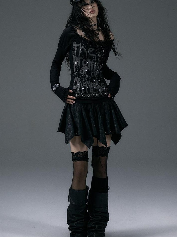NO ROMANCE Vintage Gothic Punk Studded Asymmetric Leather Mini Skirt