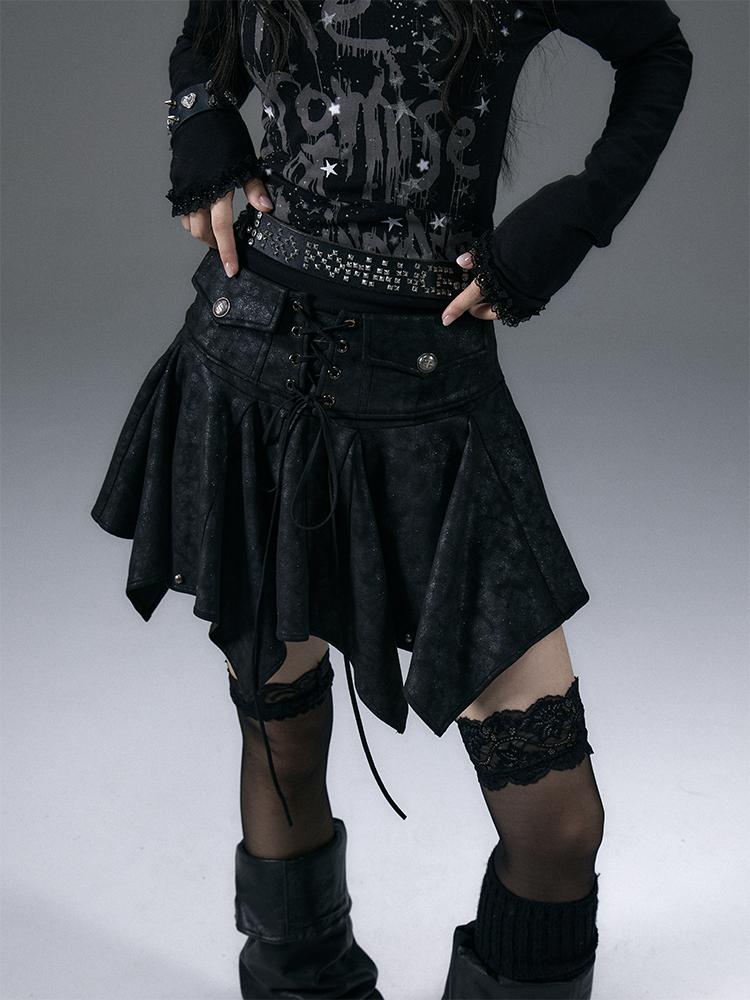 NO ROMANCE Vintage Gothic Punk Studded Asymmetric Leather Mini Skirt