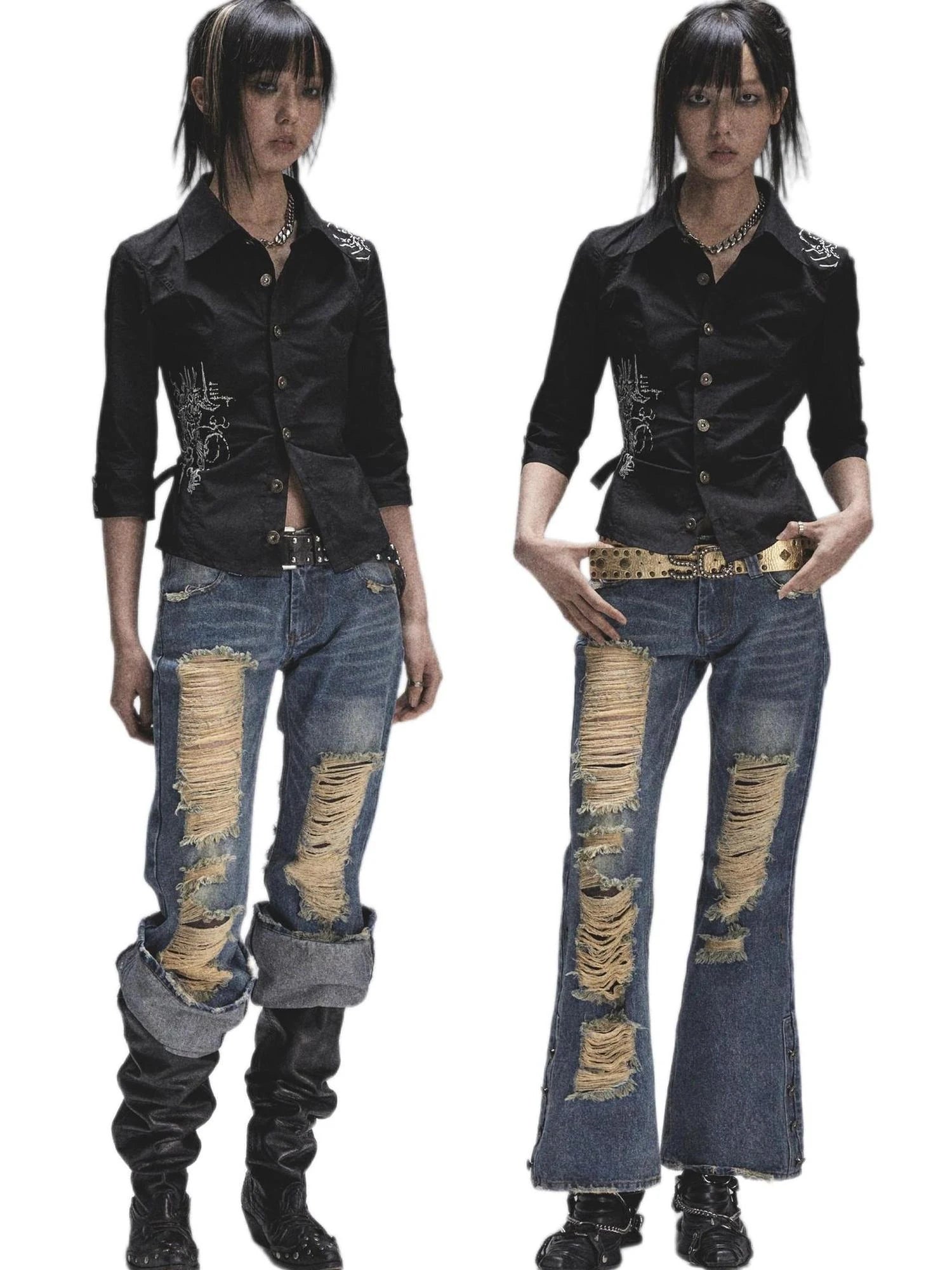 Vintage Heavy Washed Distressed Flared Jeans