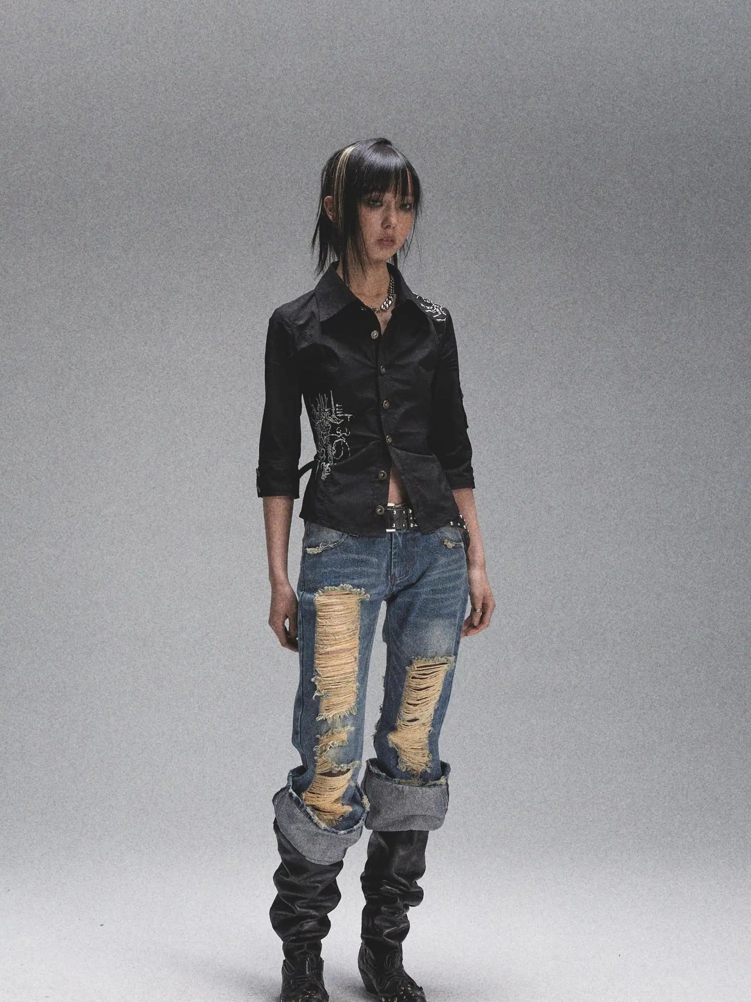 Vintage Heavy Washed Distressed Flared Jeans