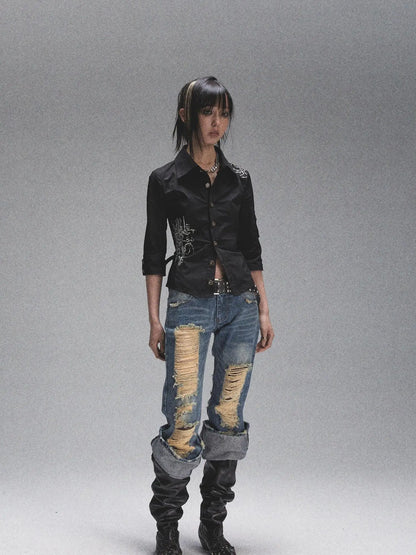 Vintage Heavy Washed Distressed Flared Jeans