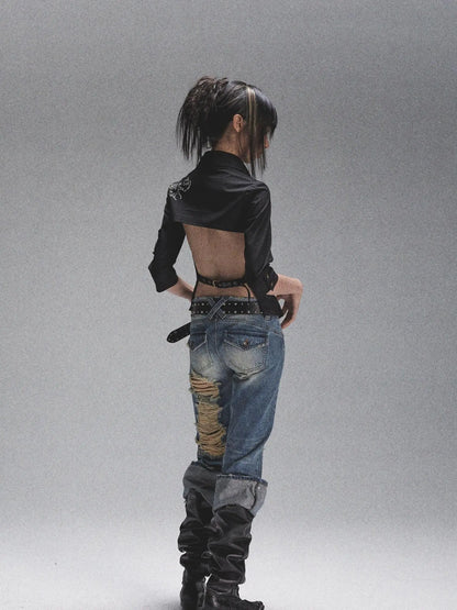 Vintage Heavy Washed Distressed Flared Jeans