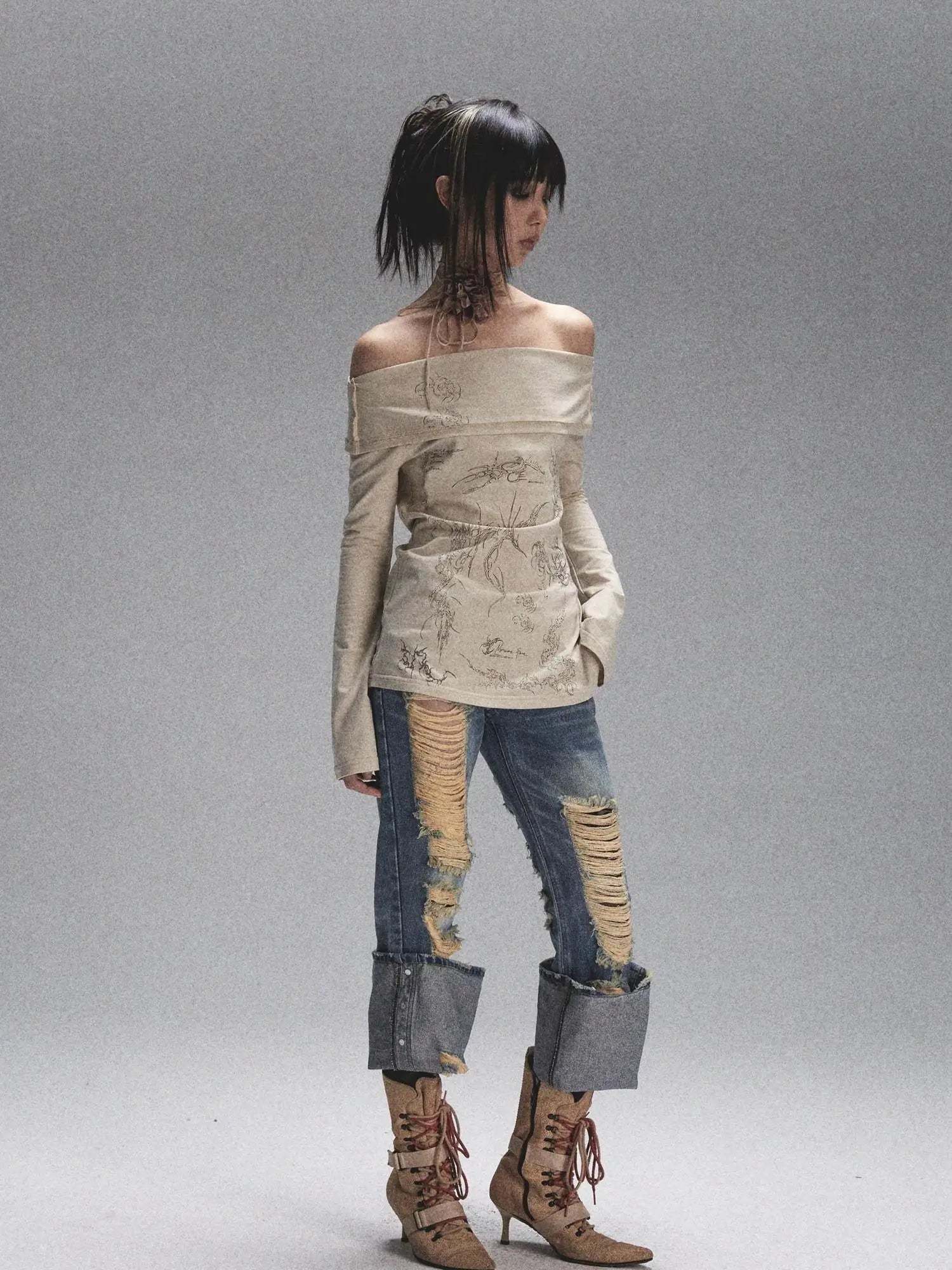 Vintage Heavy Washed Distressed Flared Jeans