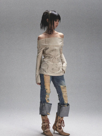 Vintage Heavy Washed Distressed Flared Jeans