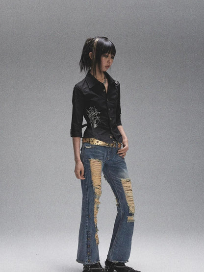 Vintage Heavy Washed Distressed Flared Jeans