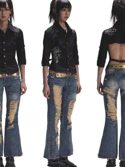 Vintage Heavy Washed Distressed Flared Jeans