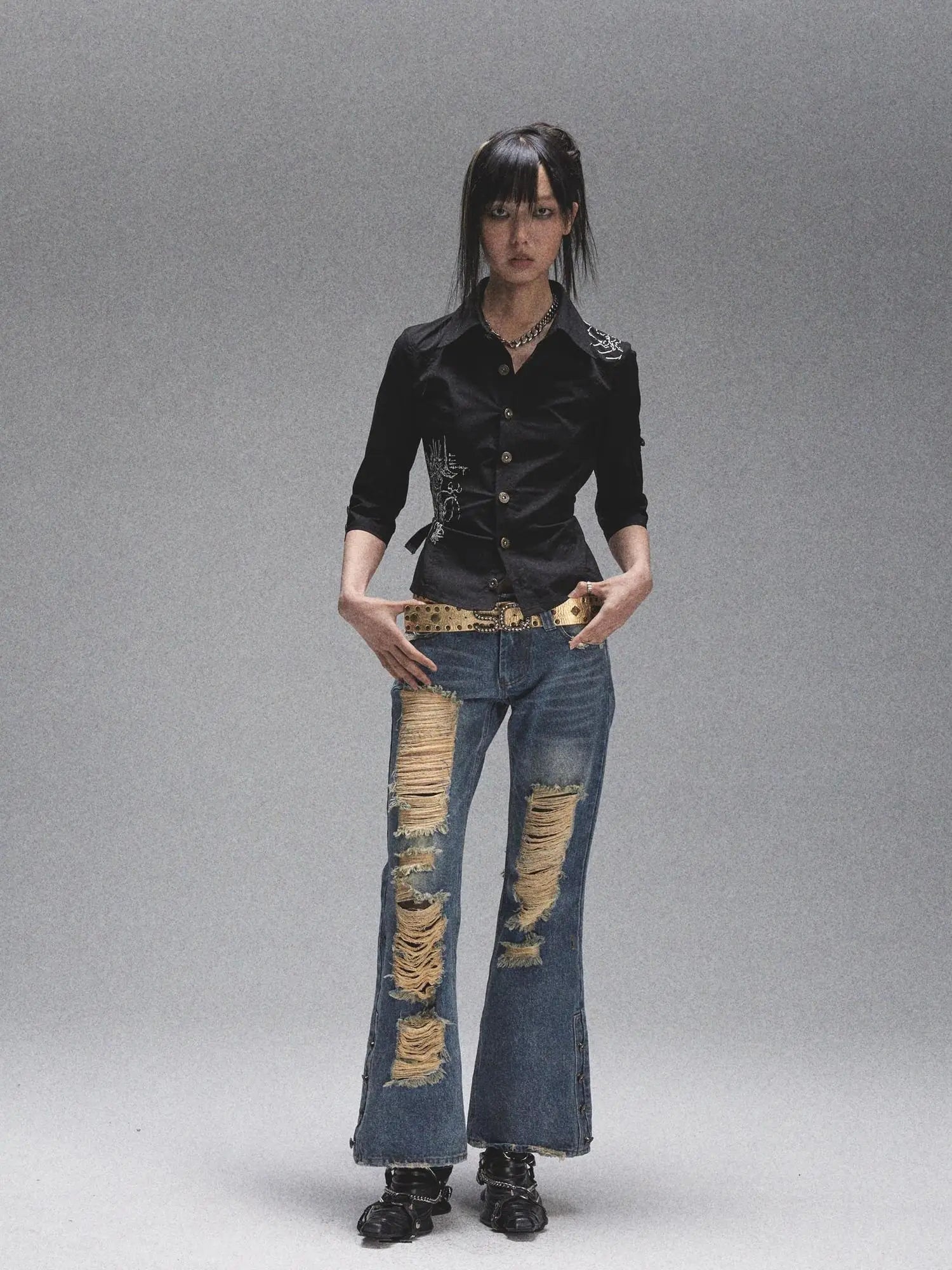 Vintage Heavy Washed Distressed Flared Jeans