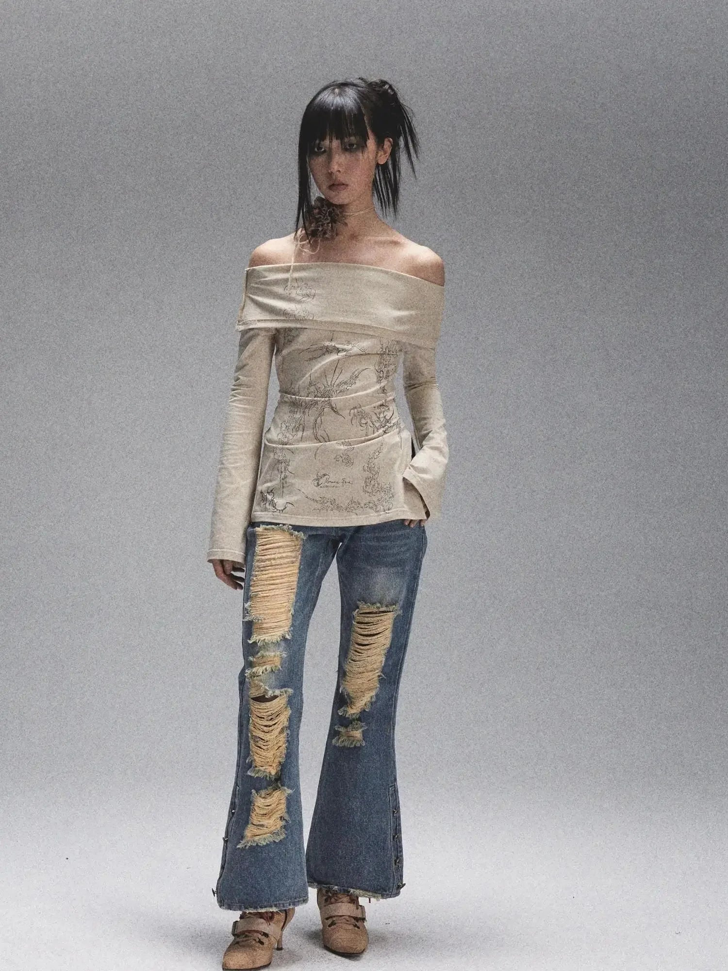 Vintage Heavy Washed Distressed Flared Jeans