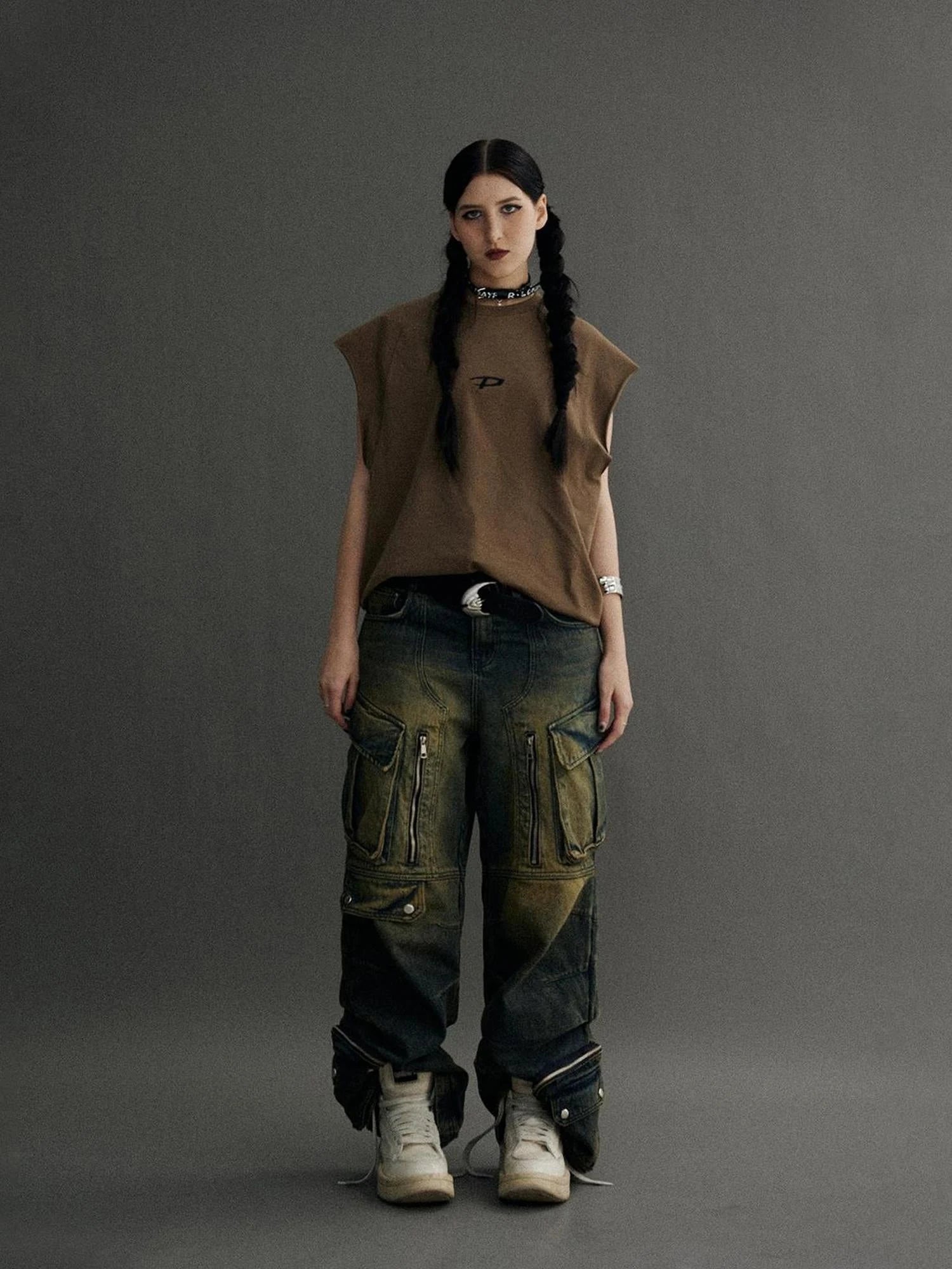 Vintage Industrial Washed Wide Leg Cargo Jeans