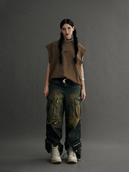 Vintage Industrial Washed Wide Leg Cargo Jeans