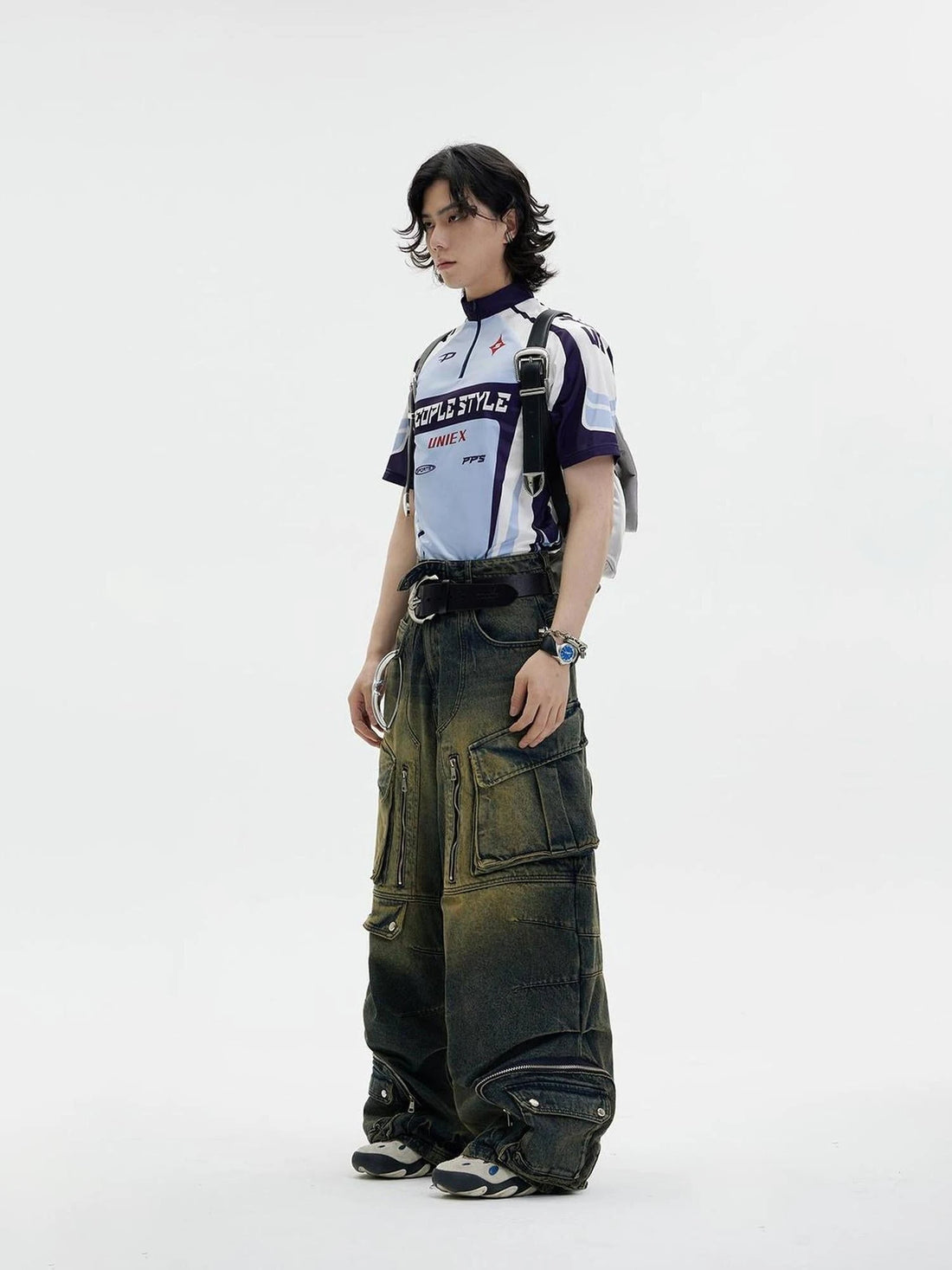 Vintage Industrial Washed Wide Leg Cargo Jeans