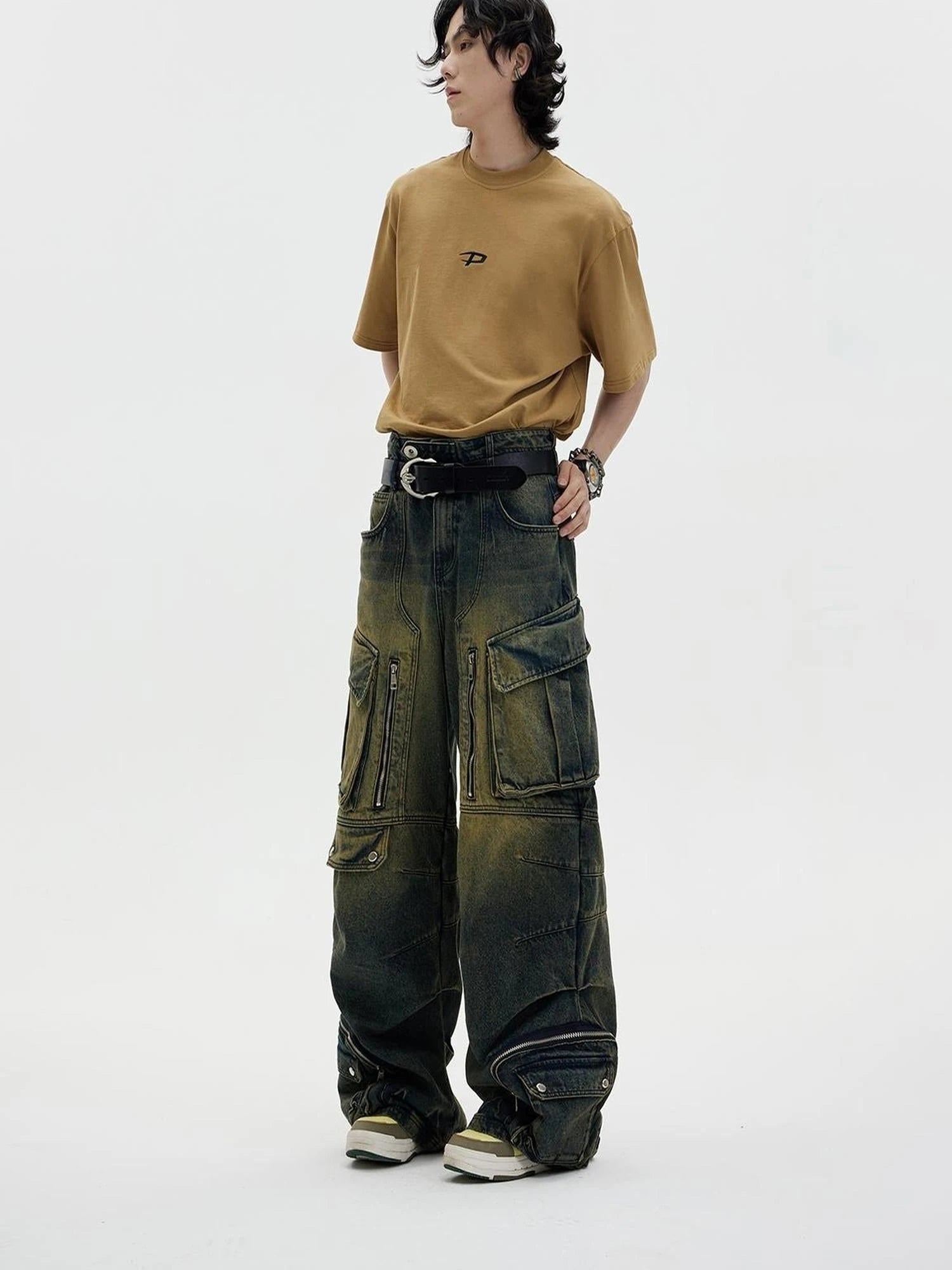 Vintage Industrial Washed Wide Leg Cargo Jeans