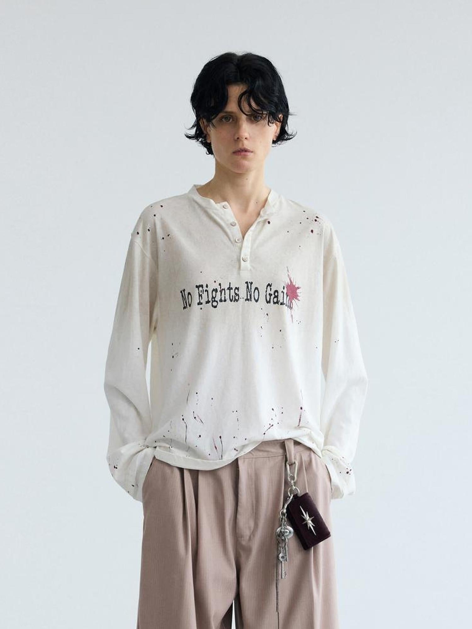 Peoplesense Vintage Ink Splatter Print Loose Long Sleeve Cotton Tee