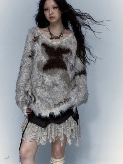 Vintage Jacquard Faux Fur Lazy Knit Sweater