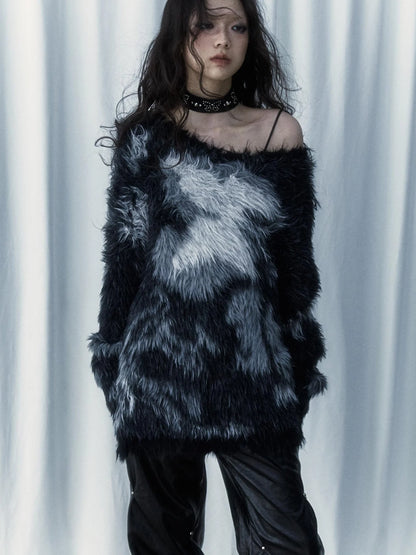 Vintage Jacquard Faux Fur Lazy Knit Sweater