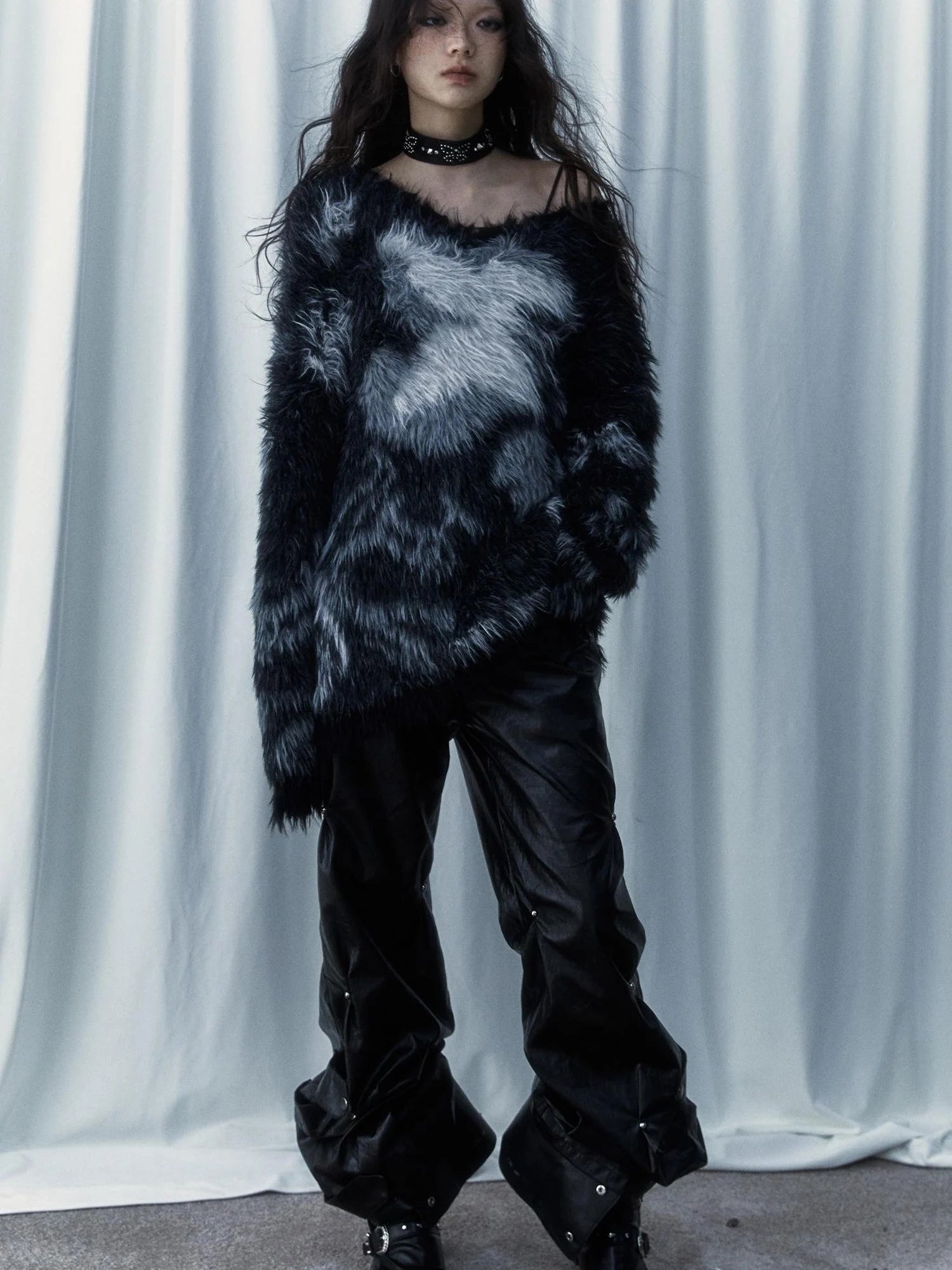 Vintage Jacquard Faux Fur Lazy Knit Sweater