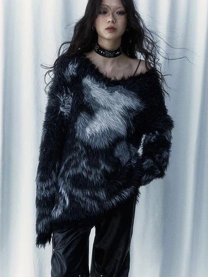 Vintage Jacquard Faux Fur Lazy Knit Sweater