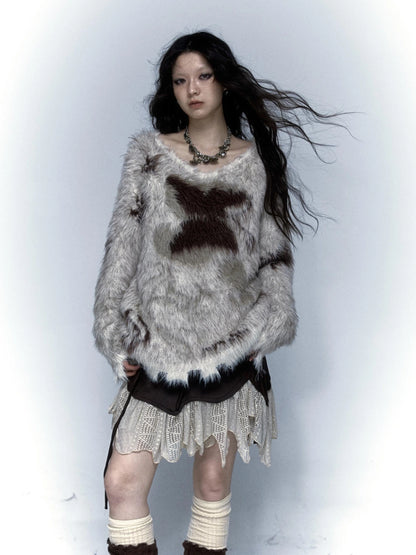 Vintage Jacquard Faux Fur Lazy Knit Sweater