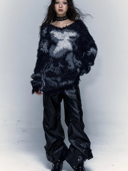 Vintage Jacquard Faux Fur Lazy Knit Sweater