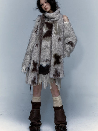 Vintage Jacquard Faux Fur Lazy Knit Sweater