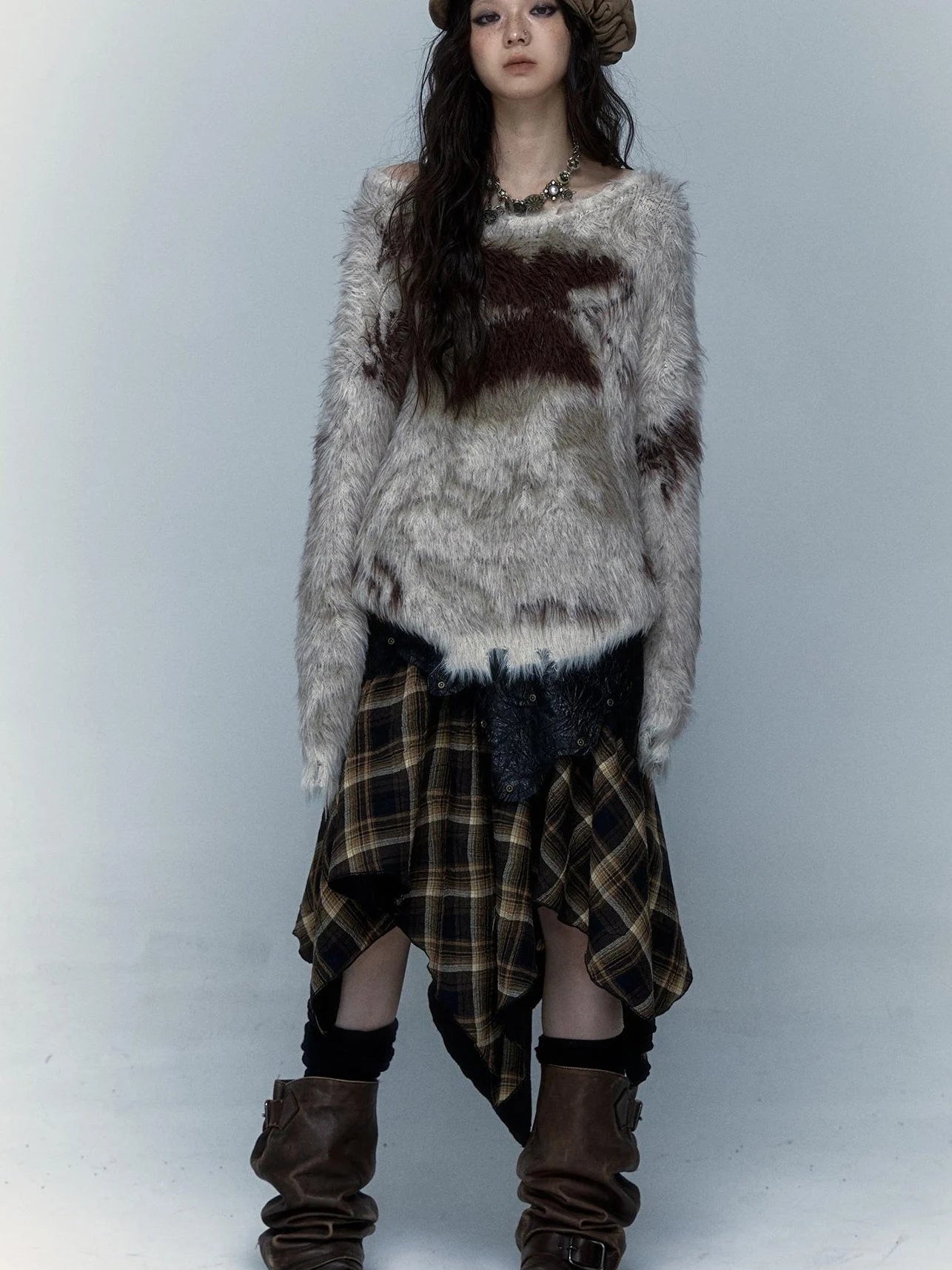 Vintage Jacquard Faux Fur Lazy Knit Sweater