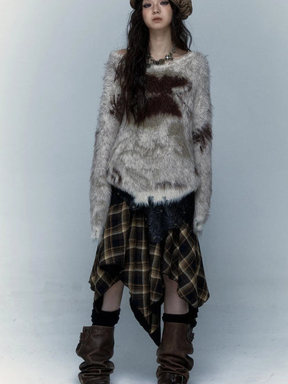 Vintage Jacquard Faux Fur Lazy Knit Sweater