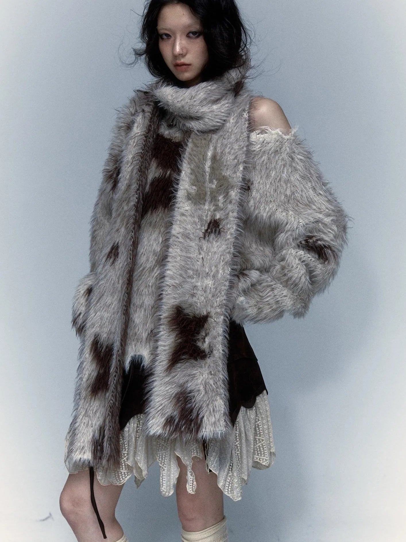 Vintage Jacquard Faux Fur Lazy Knit Sweater