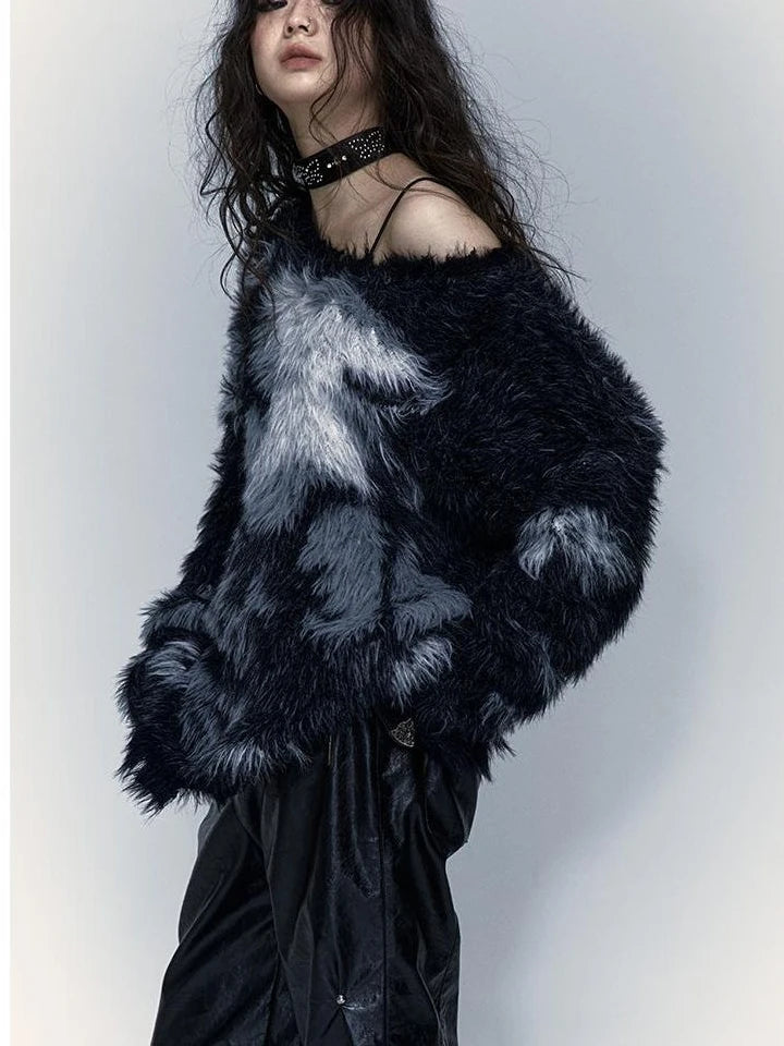 Vintage Jacquard Faux Fur Lazy Knit Sweater