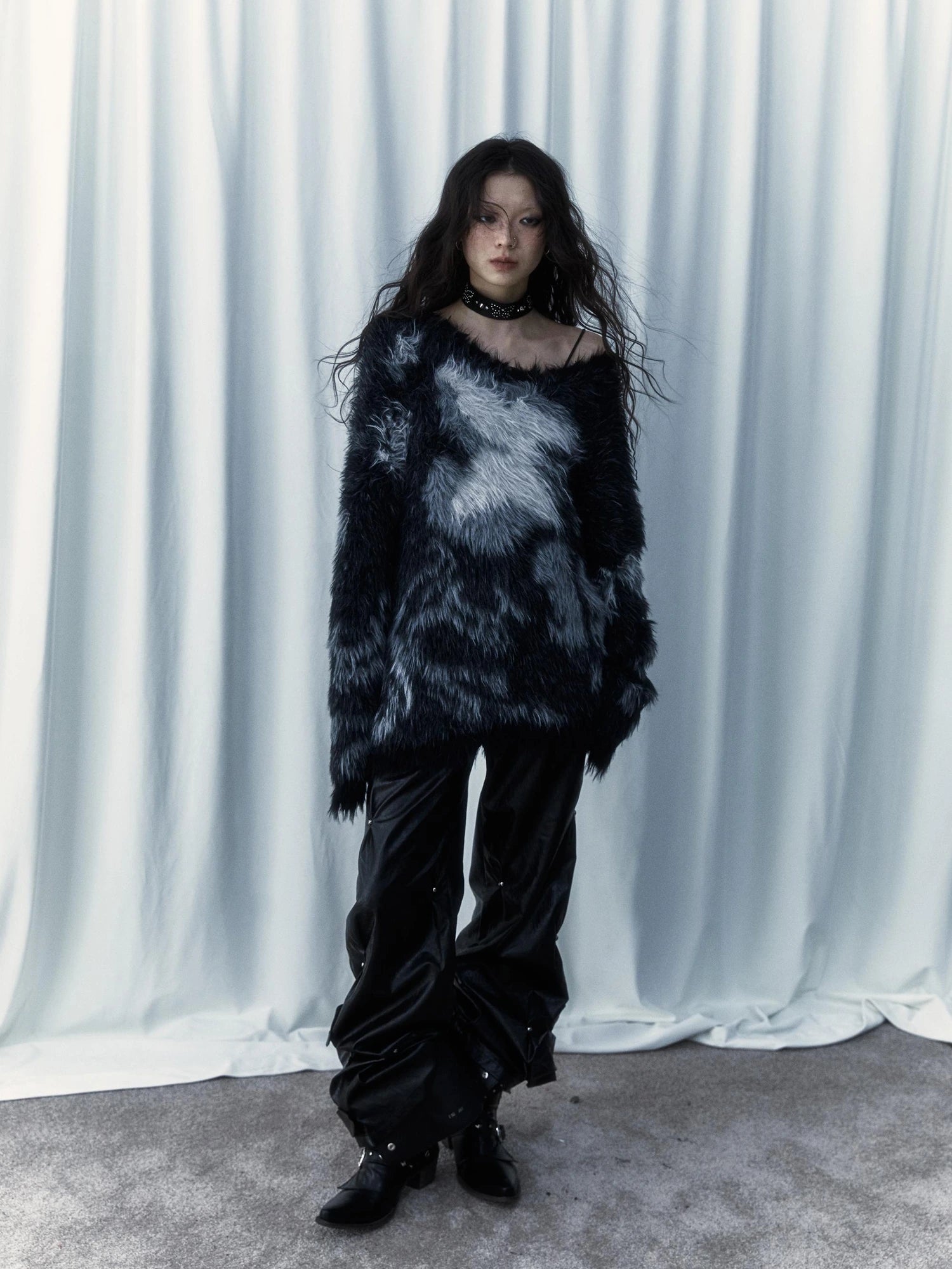 Vintage Jacquard Faux Fur Lazy Knit Sweater