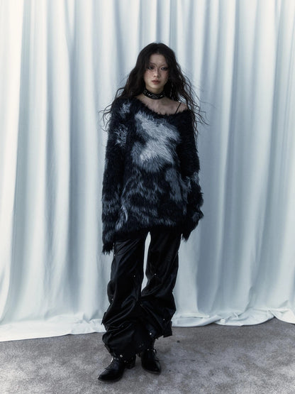 Vintage Jacquard Faux Fur Lazy Knit Sweater