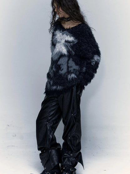 Vintage Jacquard Faux Fur Lazy Knit Sweater