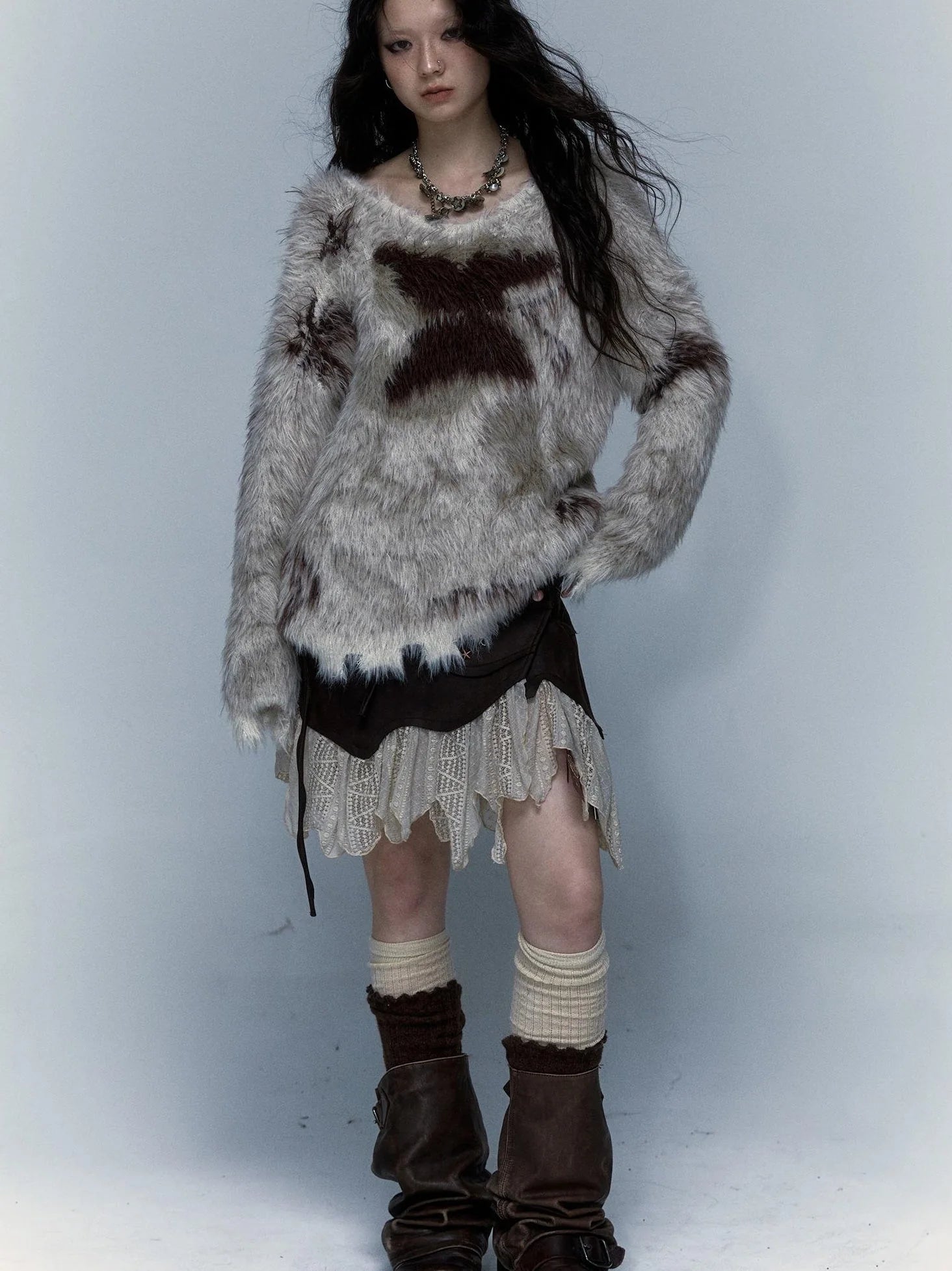 Vintage Jacquard Faux Fur Lazy Knit Sweater