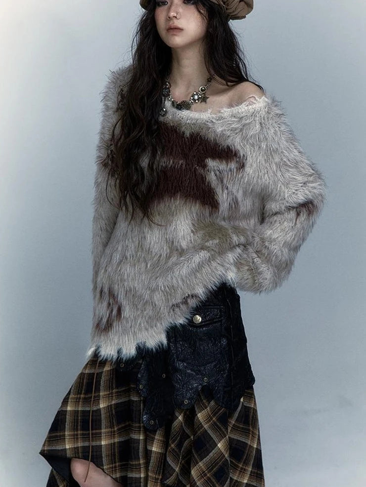 Vintage Jacquard Faux Fur Lazy Knit Sweater