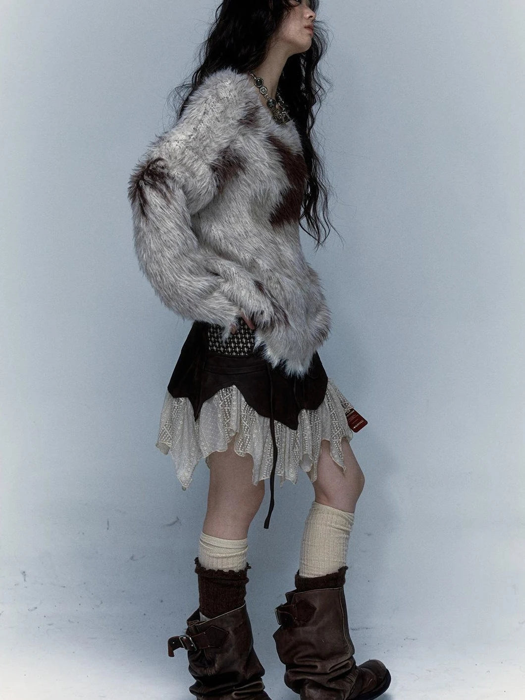 Vintage Jacquard Faux Fur Lazy Knit Sweater