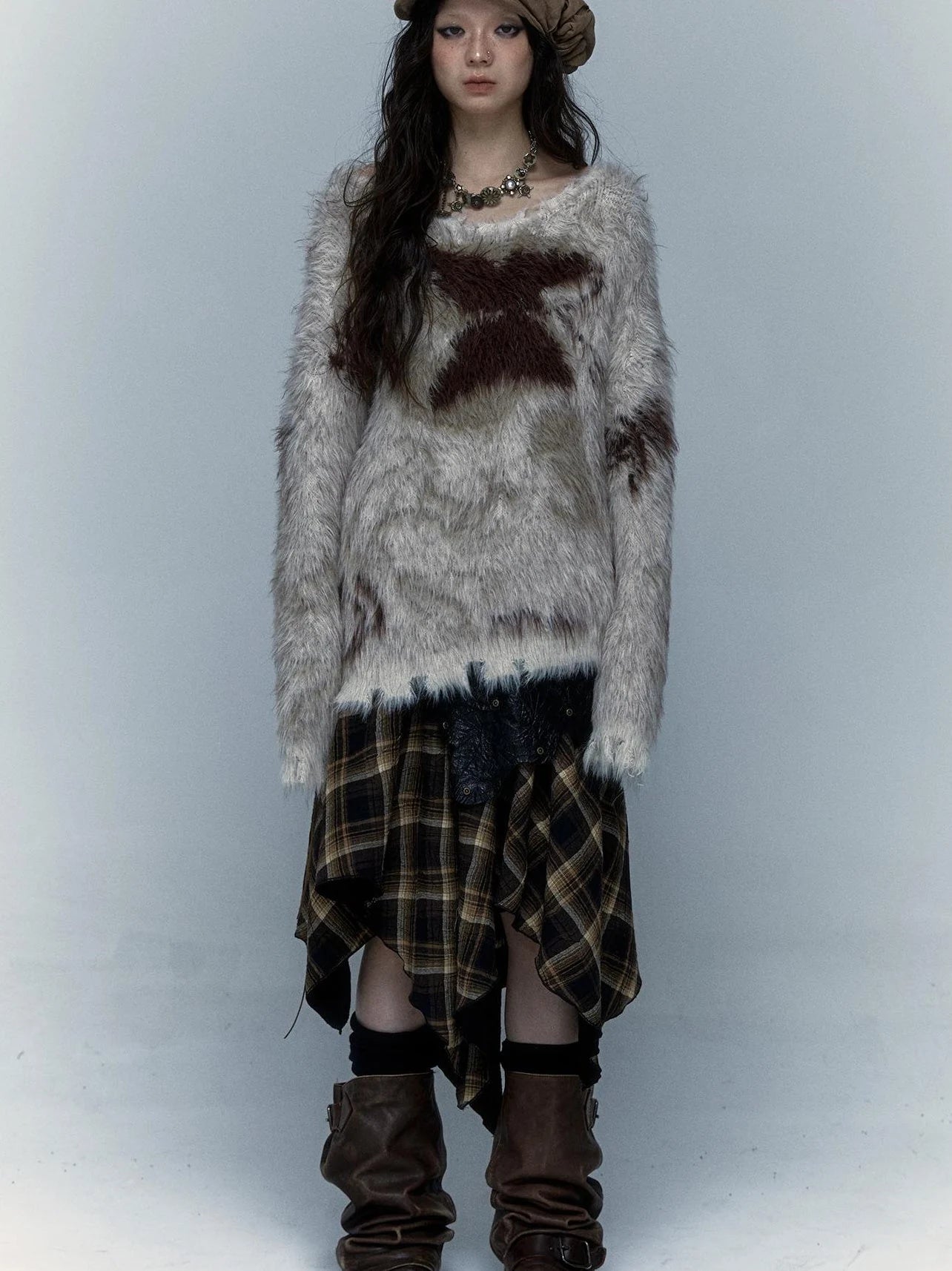 Vintage Jacquard Faux Fur Lazy Knit Sweater