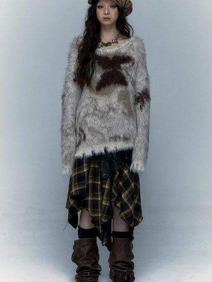 Vintage Jacquard Faux Fur Lazy Knit Sweater