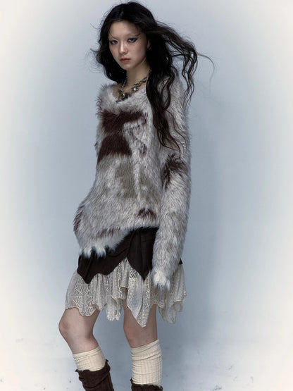 Vintage Jacquard Faux Fur Lazy Knit Sweater