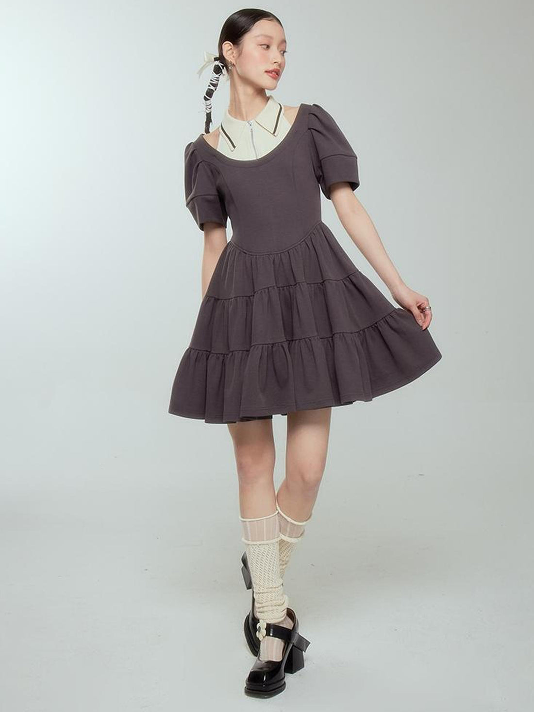 DIDDI MODA Vintage Knit Layered A Line Dress With Contrast Trim