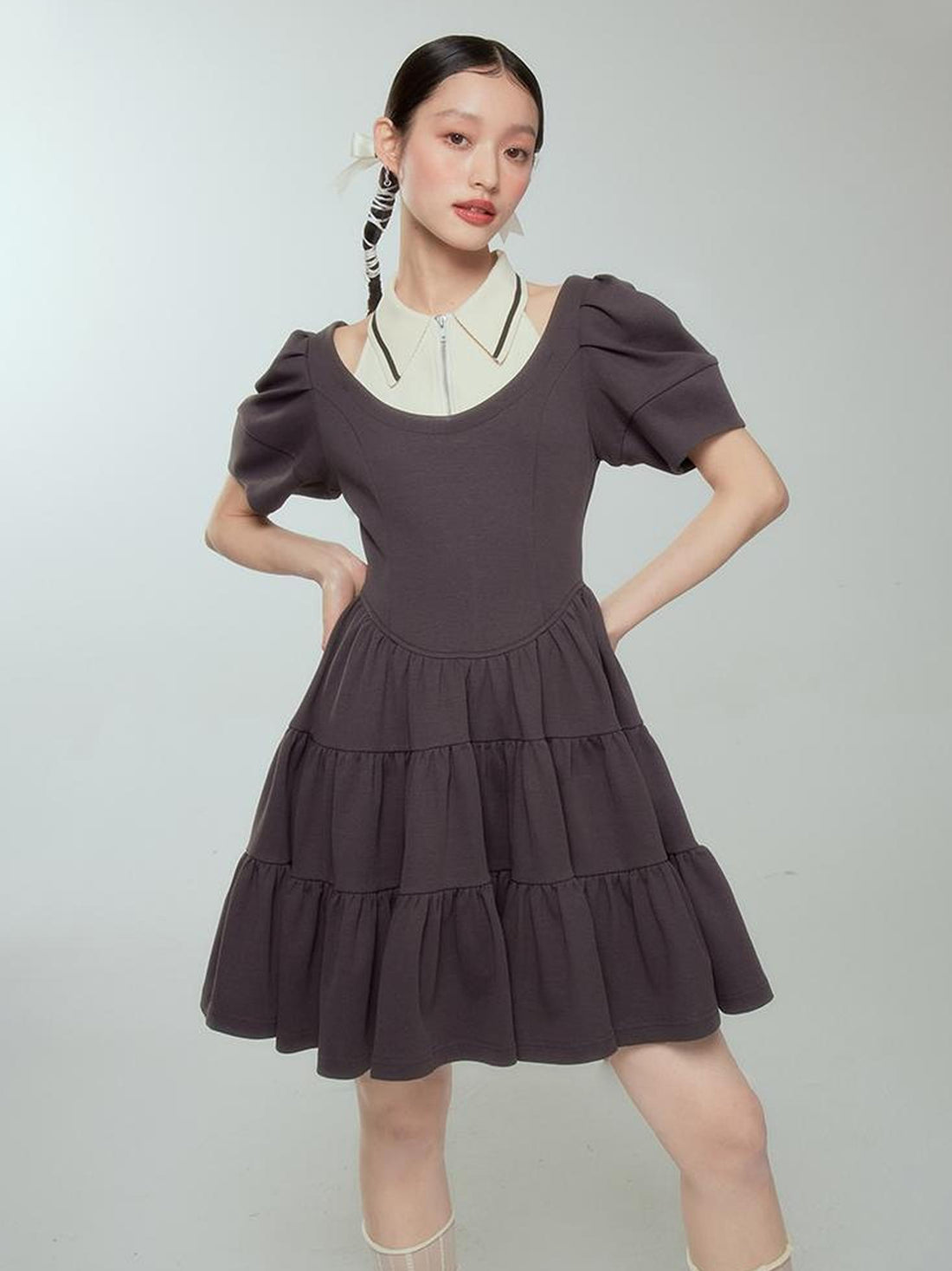 DIDDI MODA Vintage Knit Layered A Line Dress With Contrast Trim