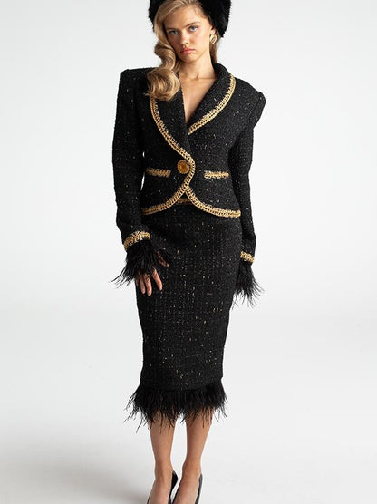 Vintage Knit Set Feather Trim Skirt Suit
