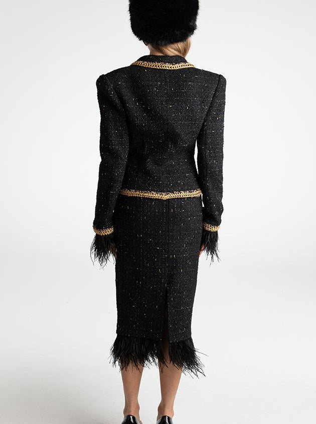 Vintage Knit Set Feather Trim Skirt Suit