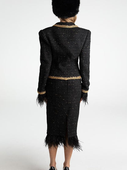 Vintage Knit Set Feather Trim Skirt Suit