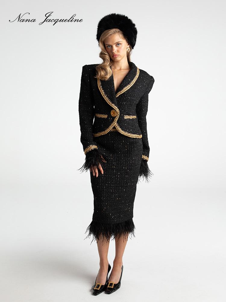 Vintage Knit Set Feather Trim Skirt Suit