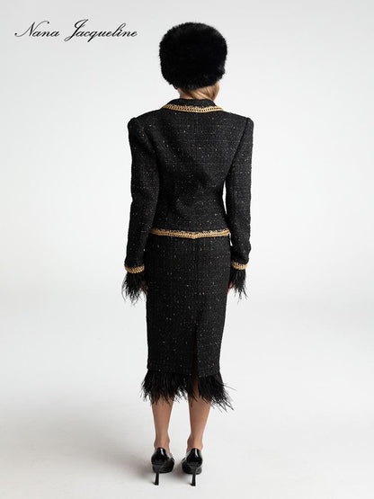Vintage Knit Set Feather Trim Skirt Suit