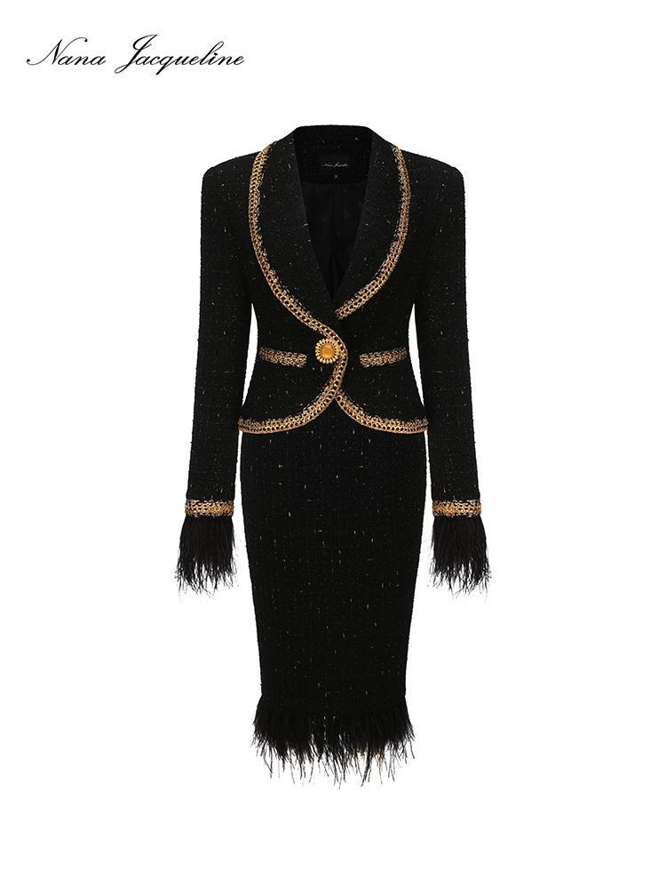Vintage Knit Set Feather Trim Skirt Suit