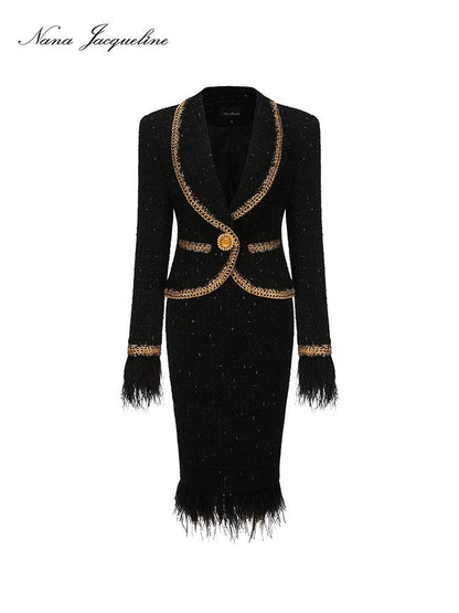 Vintage Knit Set Feather Trim Skirt Suit