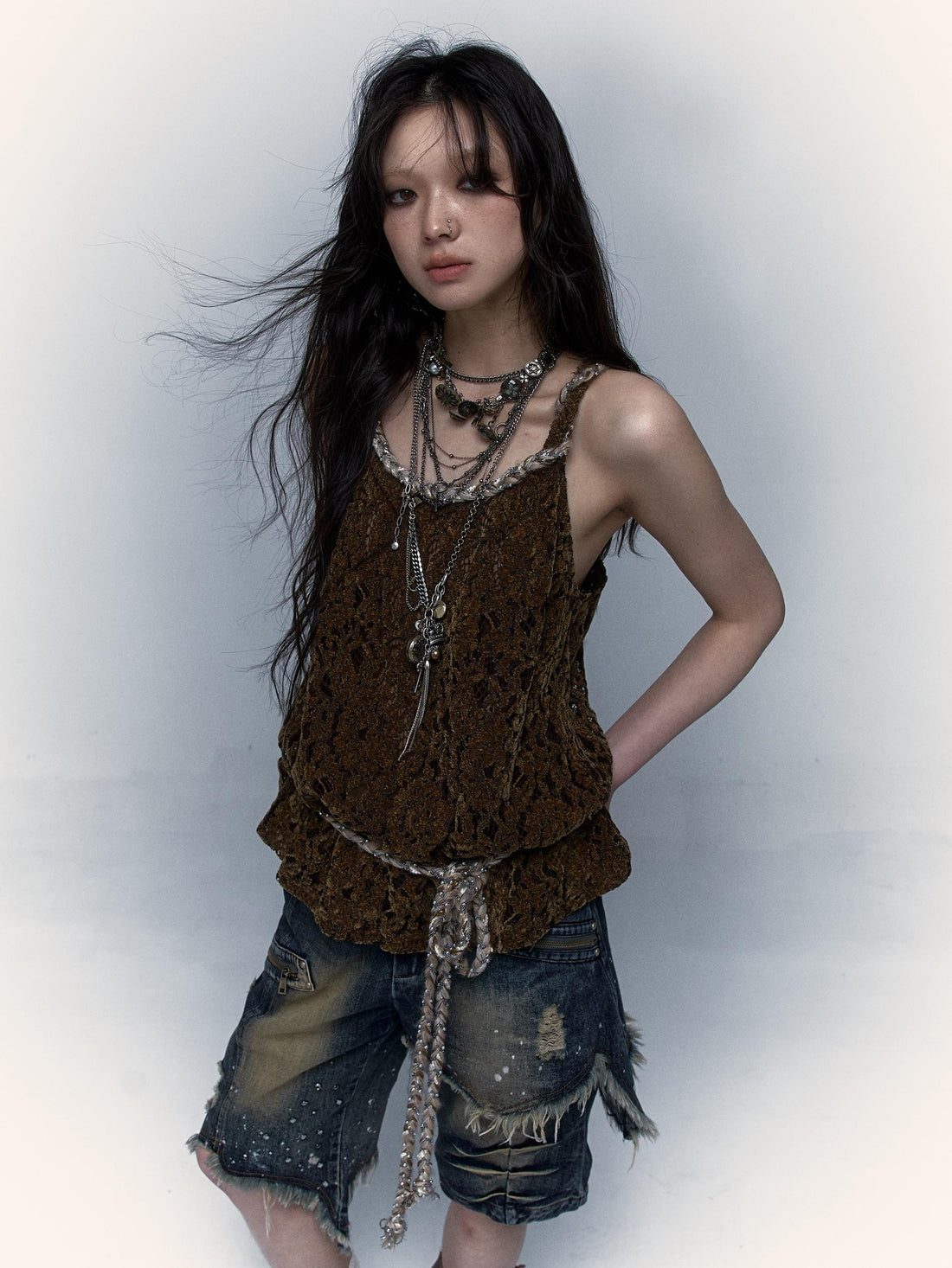 Vintage Lace-up Distressed Crochet Bralette Top